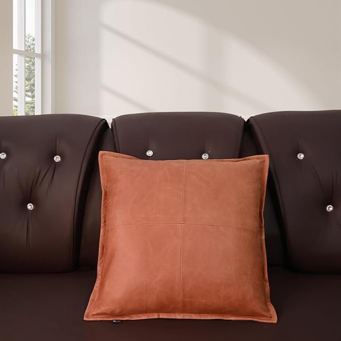 D DOLLY LAMB Lambskin Leather Pillow Cover - Sofa Cushion Case - Decorative Throw Covers for Living Room & Bedroom, 20x20 Inches - Orange Crunch Box Pack of 2