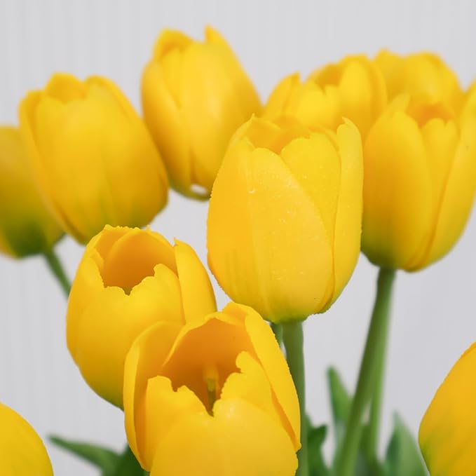 20 Artificial Tulips in Fluted Glass Vase, Waterproof Faux Flowers Bouquet for Wedding Home Office Decor, Table Centerpiece, Housewarming Birthday Gift Set (Yellow)