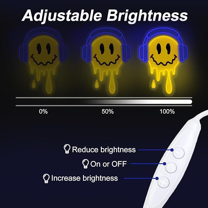 Melting Smile Face With Headphone Neon Sign for Wall Decor Neon Smile Light Signs for Kids Room Bar Party Bedroom Decor Lamp Personalized Gifts Kids Room, Wedding Decoration, Holiday Gift-Blue