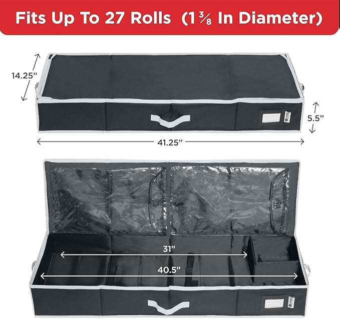 HOLDN' STORAGE Premium Wrapping Paper Storage Container - Durable 600D Tear-Proof, Fits 27 Rolls Gift Wrap, Extra Pockets for Ribbons & Bows, Underbed Storage - Ideal for Holiday Christmas, Black/White Trim