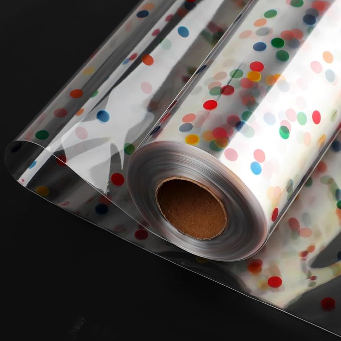 Clear Cellophane Wrap Roll, 100 Ft x 34 In Colourful Dot Florist Paper Wrapper, Transparent 3Mil Thicker Cellophane Roll, Gift Baskets Wrap Cellophane Film for Gifts, Flowers, Christmas Wrapping