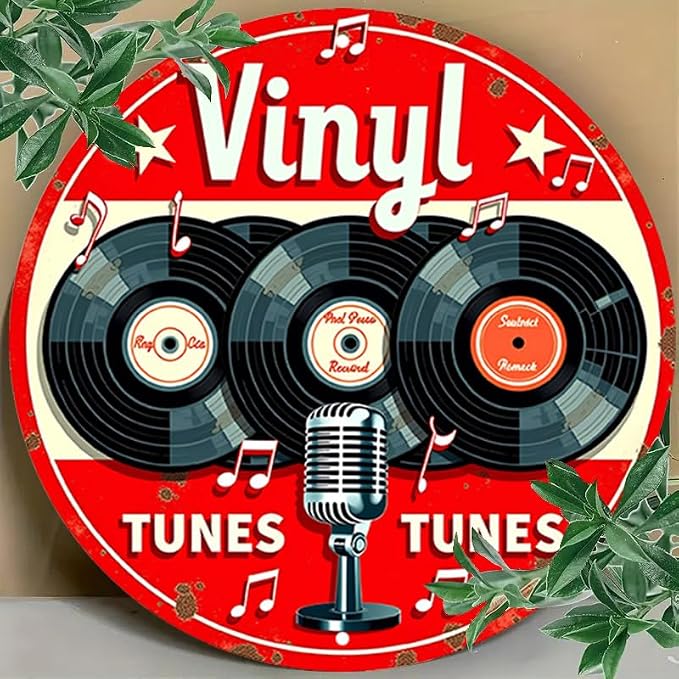 Vintage Aluminum Metal Sign - Vinyl Tunes Round Wall Art - Classic Records & Retro Microphone Design - Ideal for Bar, Cafe, Music Room Decor - 7.8" Diameter