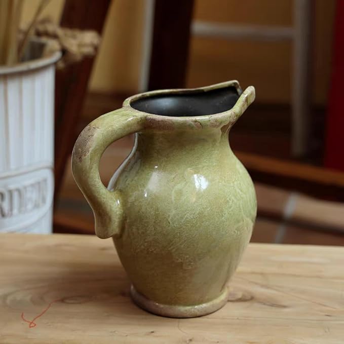 8 Inch Vintage Pitcher Vase, Rustic Green Ceramic Vases Flower Vase Farmhouse Decorative Pitchers for Home Decor, Terracotta Vases for Home Table Centerpiece Living Room Chinoiserie Decor