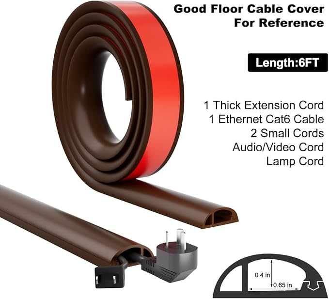 Kneelisa 6FT Side-Open Extension Cord Covers for Wires on Floor,Silicone Power Cable Protector Cord Hider Management Strip,Hide Electric Wire on Carpet,Chord Runner Protective Safety Wiremold,Brown