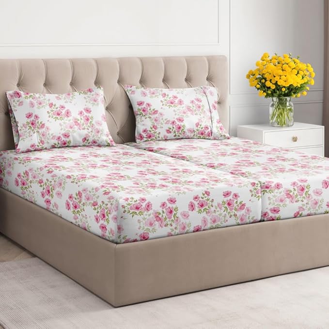 Floral Sheets - Pink Floral Bed Sheet Set - 1 Flat, 2 Fitted & 2 Pillowcases w/ Deep Pockets - Wrinkle & Fade Free - Boho Botanical Bedding - Ultra-Soft, Breathable and Cooling - Split King Size Set