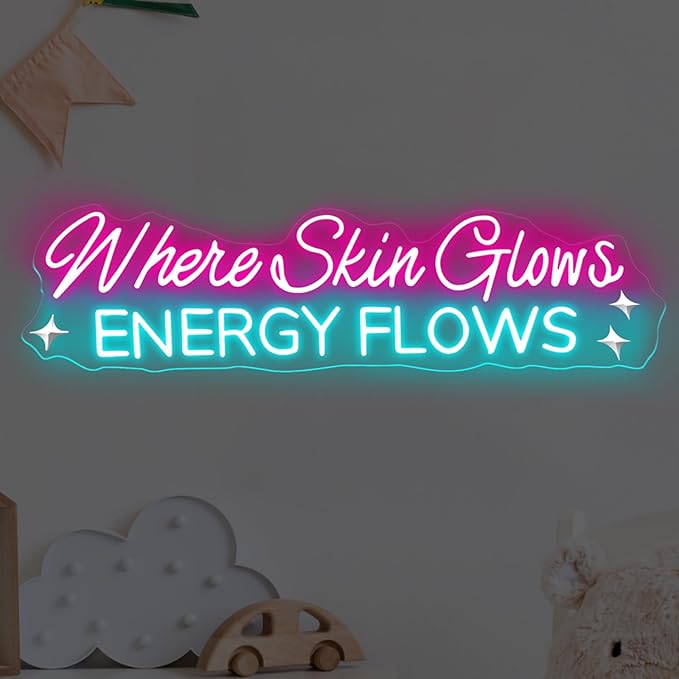 Where Skin Glows Energy Flows Neon Sign Beauty Salon Sign Medspa Decor LED Sign Spa Wall Art SkinCare Facial Room Wall Decor Beauty Spa Sig, Hair Salon Nails Wax Lash Beauty Decoration Aesthetic,23.6IN