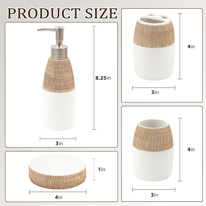 CERBIOR Bathroom Accessories Set,4 Pcs Ceramic Bathroom Decor Accessory,Includes Toothbrush Holder, Toothbrush Cup, Soap Dish for Decorative Countertop and Housewarming Gift, (Brown White)