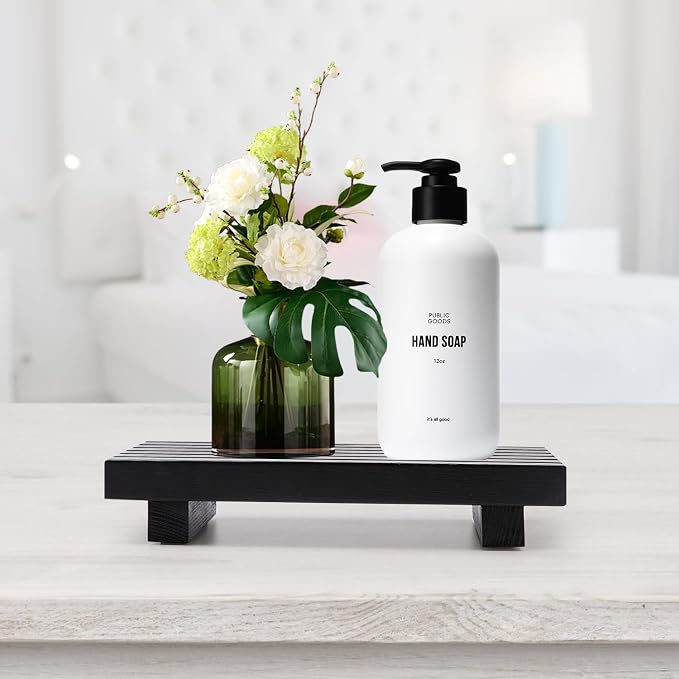 Renawe Small Black Bathroom Decor Tray for Counter Dish Soap Holder Wooden Pedestal Stand for Kitchen Sink Soap Dispenser Wood Risers Kitchen Accessories Countertop Vanity Counter Sponge Sink Tray