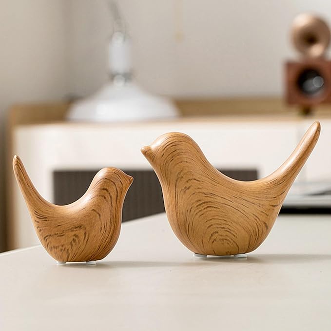 Boho Bird Statue, Vintage Bird Figurine Sculpture for Home Decor, Shelf Decor, Living Room, Bedroom, Office, Decorative Bird Gift for Women - Wood-Look Pair