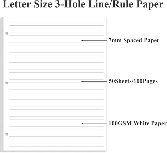 3 Hole Lined Paper for A4 Binder - 50 Sheets/100 Pages Loose Leaf Paper Line Refills, 5 Sheets Dividers, 8.5" x 11"