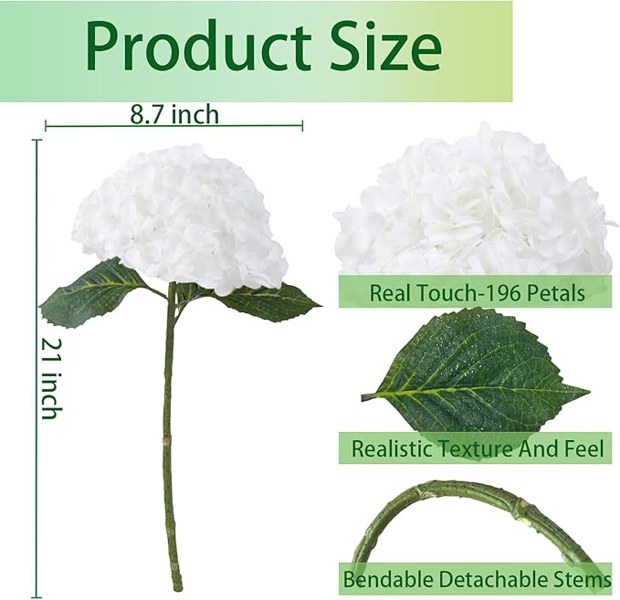 3pcs Hydrangea Artificial Flowers, 21" Real Touch Silk Faux Hydrangeas Flowers Lifelike Fake Hydrangea for Wedding Bouquets,Home Decor&Party Centerpieces (White)