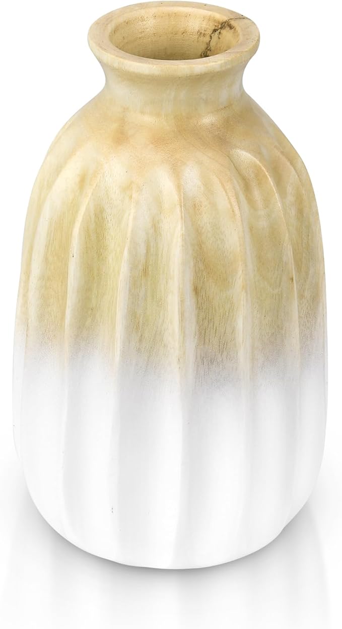 Handmade Ombre Mango Wood Vase – 8-Inch White Bottle-Shaped Decorative Accent – Modern Minimalist Flower Vase for Dried or Silk Florals – Fair Trade Artisan Home Decor