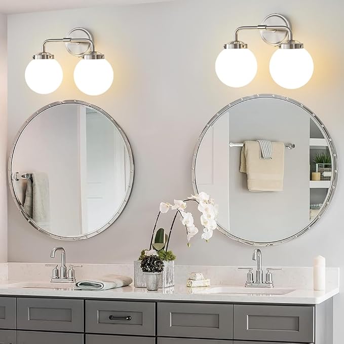 Bathroom Light Fixtures Over Mirror, Brushed Nickel Modern Vanity Lighting with Milk White Glass Globe Shades 2-Light Farmhouse Wall Sconce