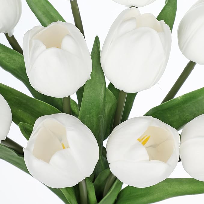 DILATATA 10 Pcs White Tulips Artificial Flowers Large Tulips Head Real Touch Fake Tulip Fake Flowers for Mother's Day 11.4" Faux Tulip for Vase Centerpieces Home Wedding Bouquet
