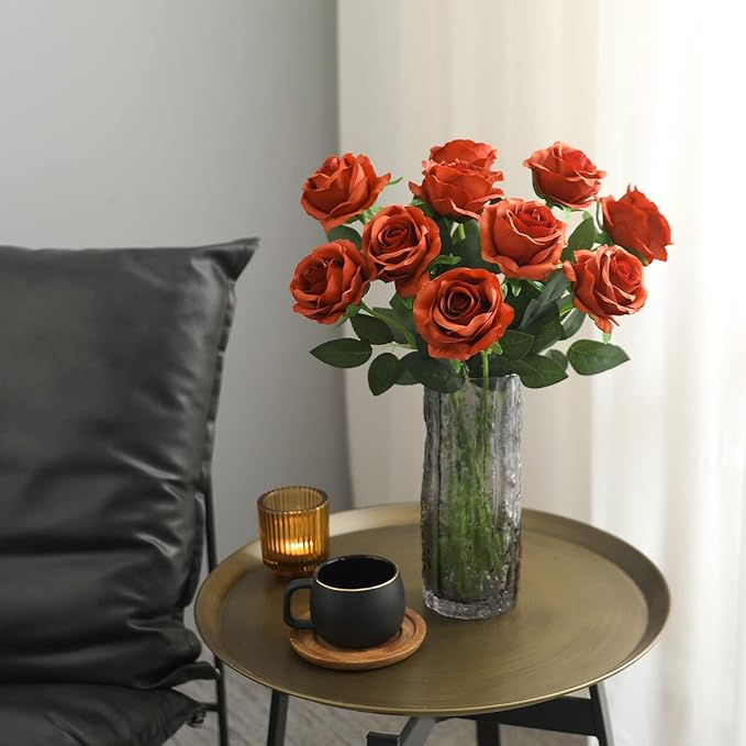 Veryhome 10pcs Artificial Rose Flower Bouquet Faux Rose with Stems for Wedding Arrangement, Bridal Bouquet, Centerpiece, Fake Faux Silk Flowers (Burnt Orange)