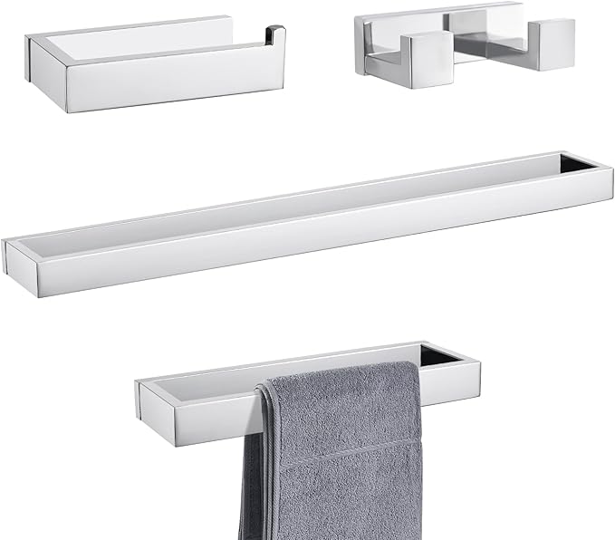 Lairuier Bath Towel Bar Set, Polished Chrome 4-Piece Bathroom Hardware Set Including Towel Bar, Towel Holder, Toilet Paper Holder, Towel Hook. Stainless Steel Bathroom Hardware Accessory