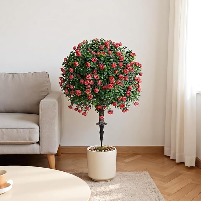 (2-Piece Set) Rose-Shaped Artificial Boxwood Topiary Trees – Designed for Artificial Landscape Shrubs, Shrub Bushes with Ground Spikes, Artificial Flowers