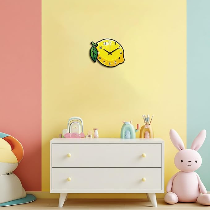 Lemon Wall Clock Irregular Shape Decorative Wall Clock Cartoon Style Non-Ticking Clock for Home Office Decoration, 15.86×12.99 inch