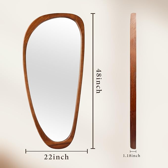 22‘’x48'' Asymmetrical Mirror with Wood Frame, Small Irregular Wall Odd Shaped Mid Century Modern Mirror Christmas Decor for Bedroom Living Room Entryway Hall (Wood)