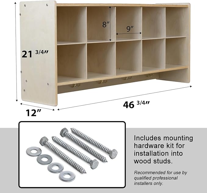 Cubby Storage Organizer Cubes, 10 Cubbies with Coat Hooks, Hanging Wall Cubby Shelf for Kids Toys, Daycare, Classroom, 47-inch Width