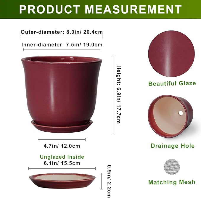 Ceramic Planter - 8 Inch Plant Pot with Drainage Hole and Saucer, Round Planter for Indoor Outdoor, Modern Flower Pots, Porch Garden Home Decor, Gifts for Plant Lovers, Red