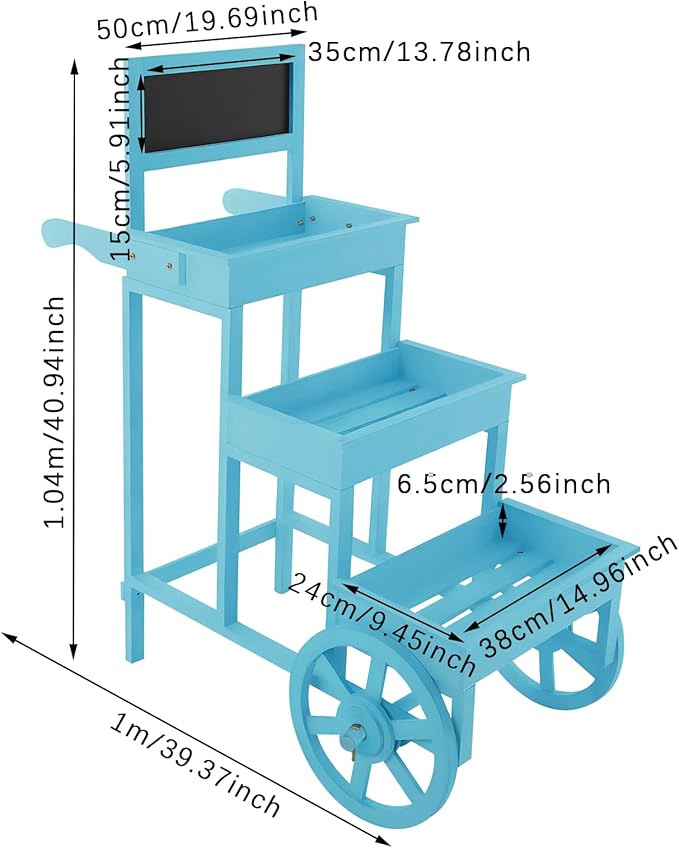 Flower Display Stand | 3-Tier Wood Flower Cart | Flower Cart Display Stand with Wheels | Ladder Shaped Plant stand | Market flower display Stand | Handle & Blackboard (Blue)