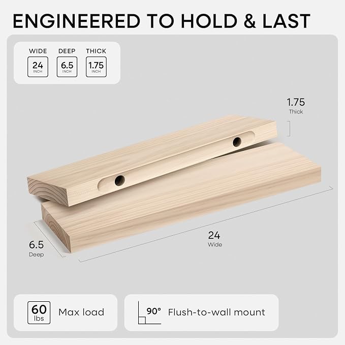 Homeforia 24 inch Wood Floating Shelves, High End Solid Natural Wood 24inch Floating Shelf for Wall, Unfinished Wooden 24 inches Floating Shelves, Heavy Duty Bracket, 24 X 6.5 X 1.75 in, Set of 4