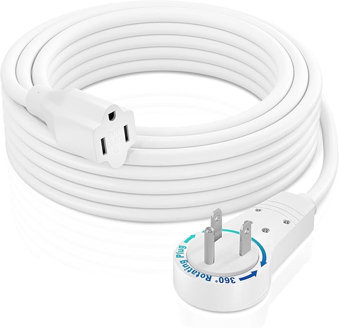 Maximm Cable 15 Feet 14Awg 360° Rotating Flat Plug Extension Cord/Wire, 3 Prong Grounded Wire, Heavy Duty Extension Cord - UL Certified - White