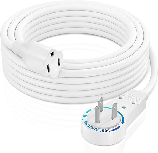 Maximm Cable 15 Feet 14Awg 360° Rotating Flat Plug Extension Cord/Wire, 3 Prong Grounded Wire, Heavy Duty Extension Cord - UL Certified - White