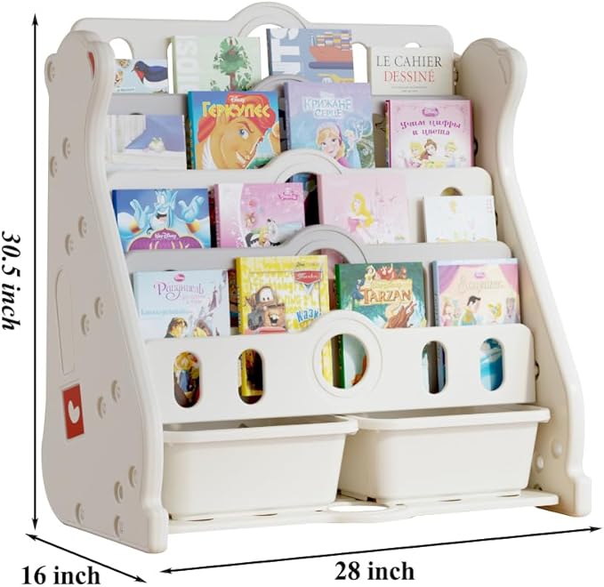 Kids Bookshelf and Toy Storage for Toddler, 4 Tier White Bookcase for Bedroom/Nursery/Classroom, Toddler Wall Corner Bookshelf Montessori Baby Book Storage Shelf(Grey)