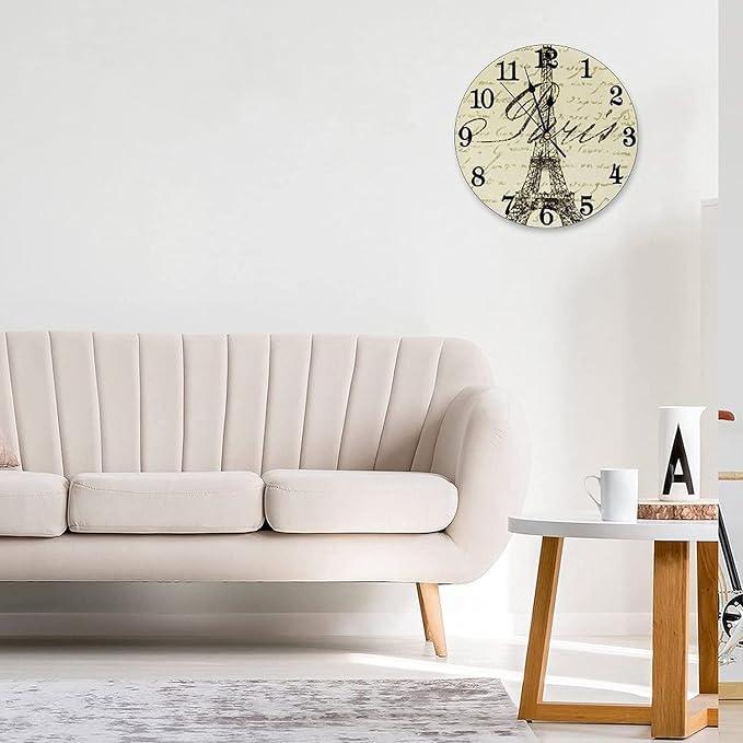 Vintage Eiffel Tower Wall Clock Battery Operated Silent Round Clock Paris Theme Wall Decor for Home Office School, 12 Inch