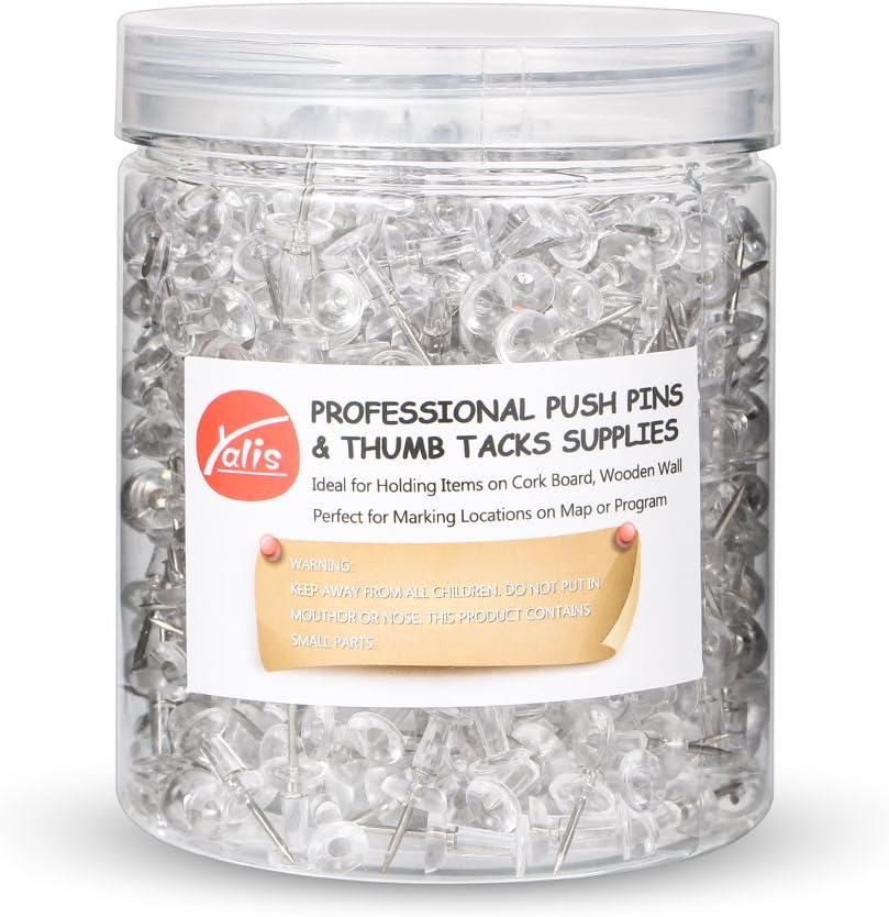 Yalis Push Pins - 600 Count Clear Thumb Tacks with Steel Points & Durable Plastic Heads