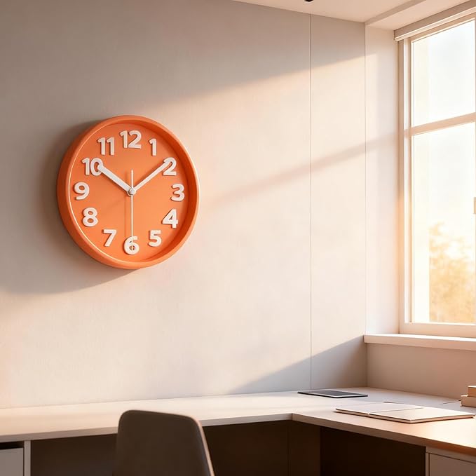 45MinST 8-Inch Orange Modern Wall Clock – Silent Non-Ticking, 3D Large Numbers, Accurate Timekeeping | Decorative Wall & Desk Clock with Stand for Living Room, Bedroom, Kitchen, or Office