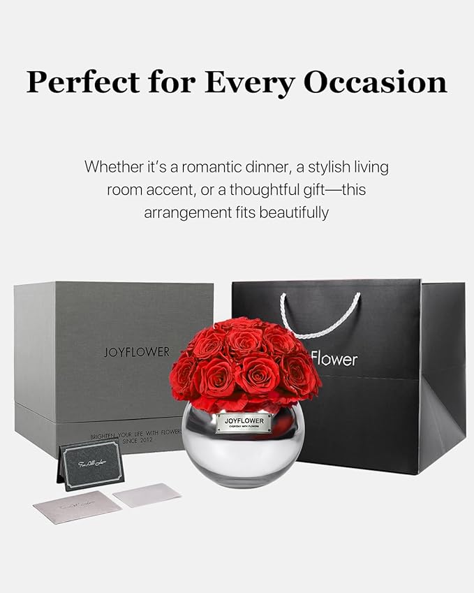 JoyFlower Preserved Flowers for Home Decor, Eternal Flower Real Roses with Glass Vase for Wedding House Bedroom Dining Living Room Office Table Centerpiece Decoration, Housewarming Party Gifts(Red)