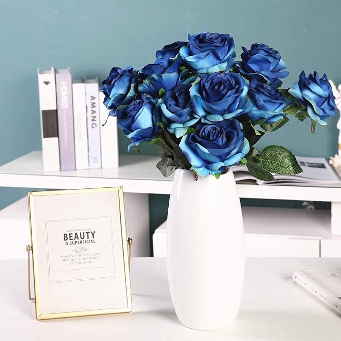 Kisflower 12Pcs Gradient Blue Roses Artificial Flowers, Realistic Single Stem Flowers Silk Rose Bouquet for Wedding Party Office Home Decor (Gradient Blue)