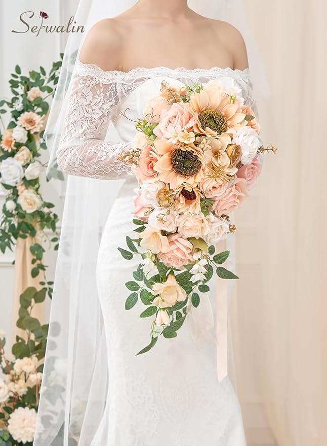 Serwalin 11 Inch Wedding Bouquets for Bride Bridesmaid, Champagne Bridal Bouquets for Bride, Wedding Flowers Bouquet Tossing Bouquet, Wedding Ceremony and Anniversary Day Decor