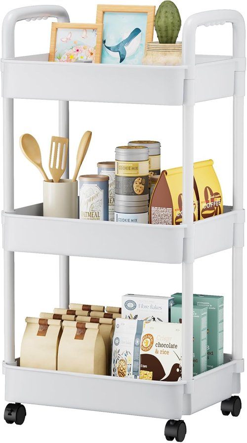 EZ COZY 3-Tier Rolling Cart - Versatile Plastic Organizer with Wheels for Nursery, Kitchen, and More | White