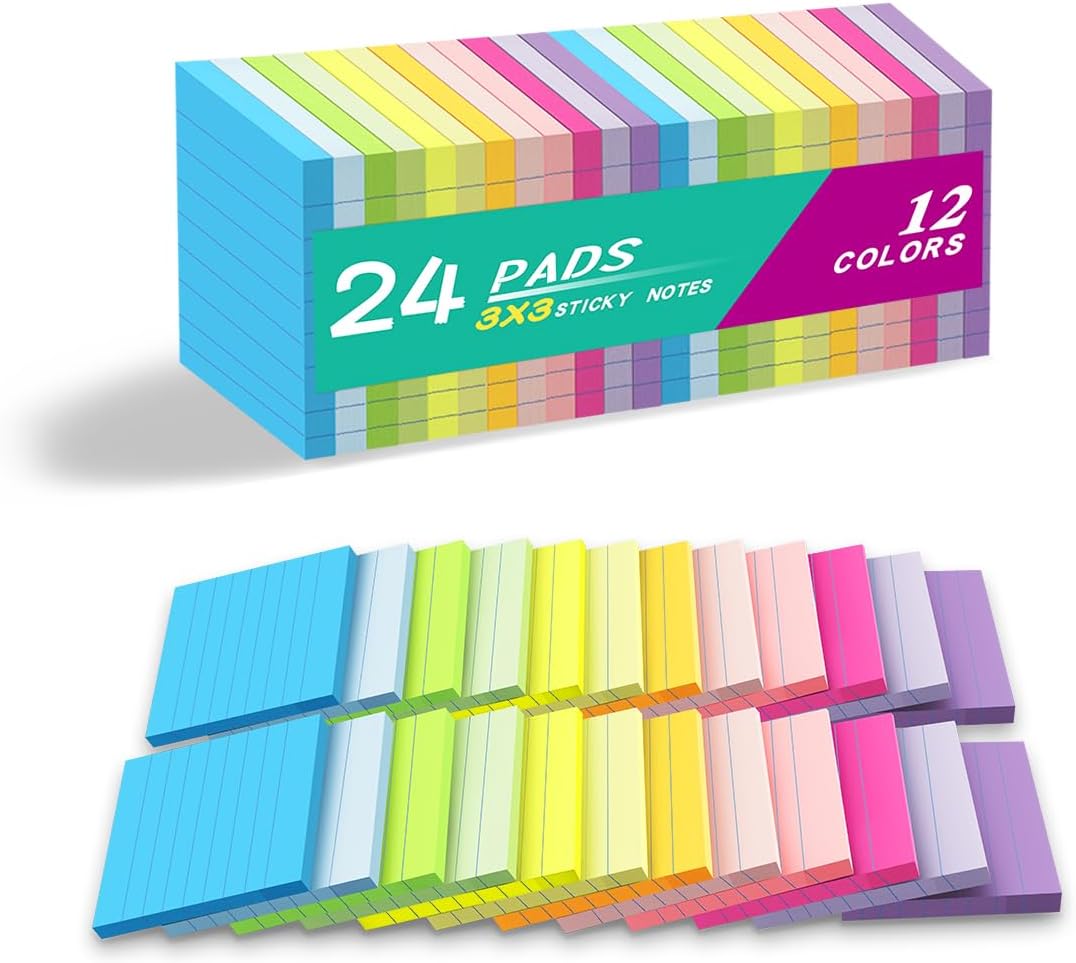 Skiennix Lined Sticky Notes - 3x3 Inch Notepads with Super Sticking Power | Bright Colors, Recyclable