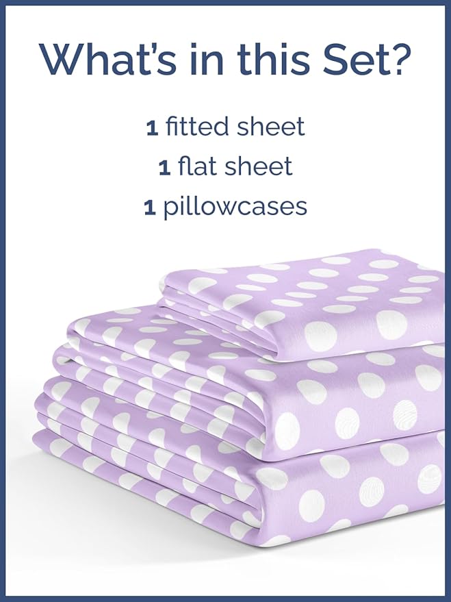 Kids Purple Dots Twin 3 Piece Sheet Set - Boys, Girls, Teens, Toddler - Easy Fit Deep Pockets - Breathable, Hotel Quality Kids Sheets - Machine Washable - Wrinkle Free - Cute, Cozy, Soft - CGK Linens