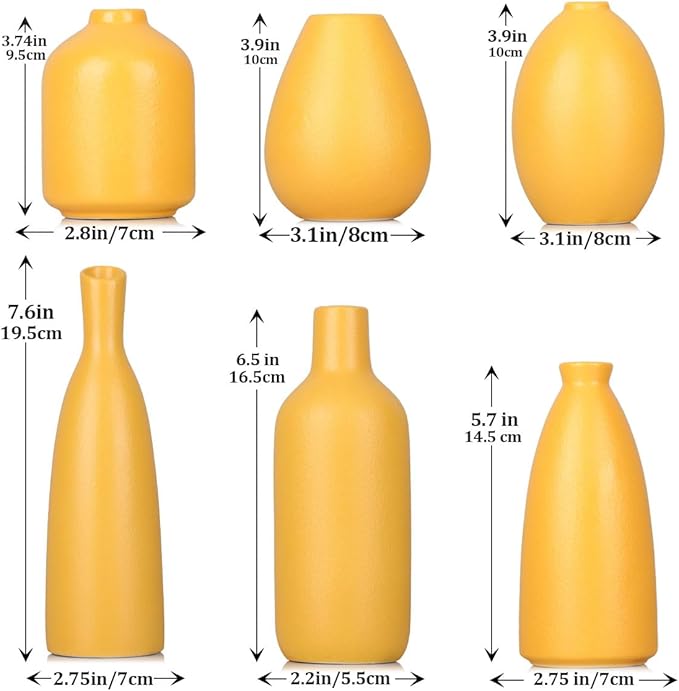 Yellow Ceramic Bud Vases Set of 6, Mini Vases for Farmhouse Mantel, Shelf & Fireplace, Home Accents for Living Room, Entryway, Bathroom, Kitchen, Office, Bulk Table Decor