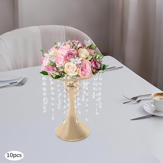 Flower Stand Vase, 10 Pcs Glam Crystal Wedding Reception Decorations with Sparkling Beads Table Center Display Flower Arrangement Flower Stand Metal Vase for Event Party Decor (Gold, H:10.23in)