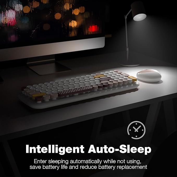 Wireless Keyboard and Mouse Combo, MOWUX - Modern Compact Layout, Colorful Compact Candy Mouse and Retro Round Keyboard Set with Cover, for PC/Laptop/Windows/Mac - Off-White Colorful