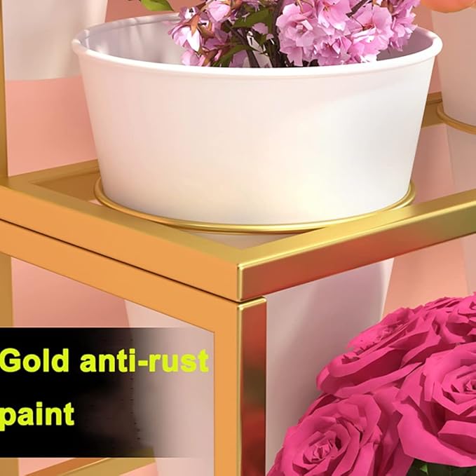 Flower Display Stand with 12pcs Bucket,Heavy Duty Plant Stand with Wheels,33in Tall Flower Cart 3 Tier Flower Shelf for Florist Garden Patio (Gold)