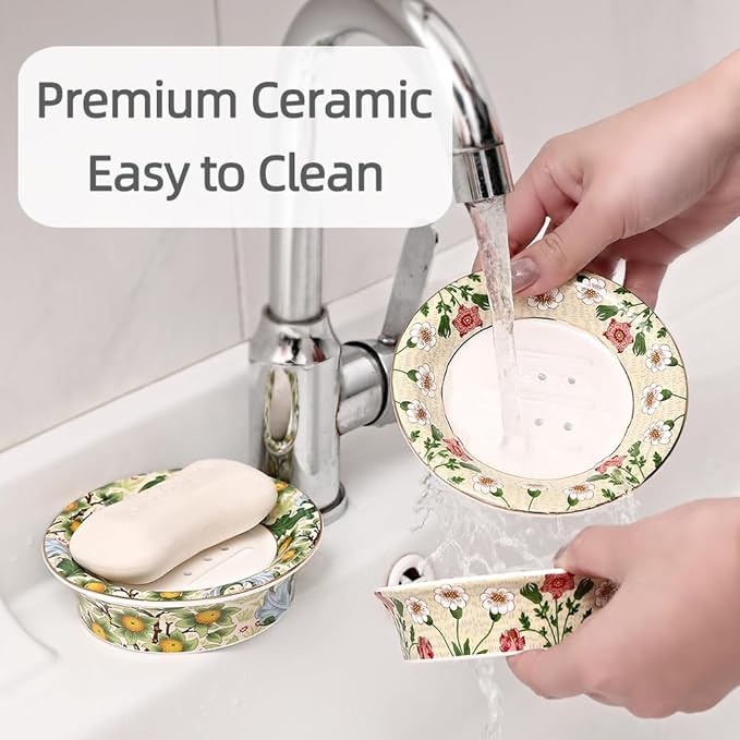 Floral Decorative Self Draining Soap Dish, Double-Layer Round Soap Tray, Vintage Ceramic Soap Dish (Style B)