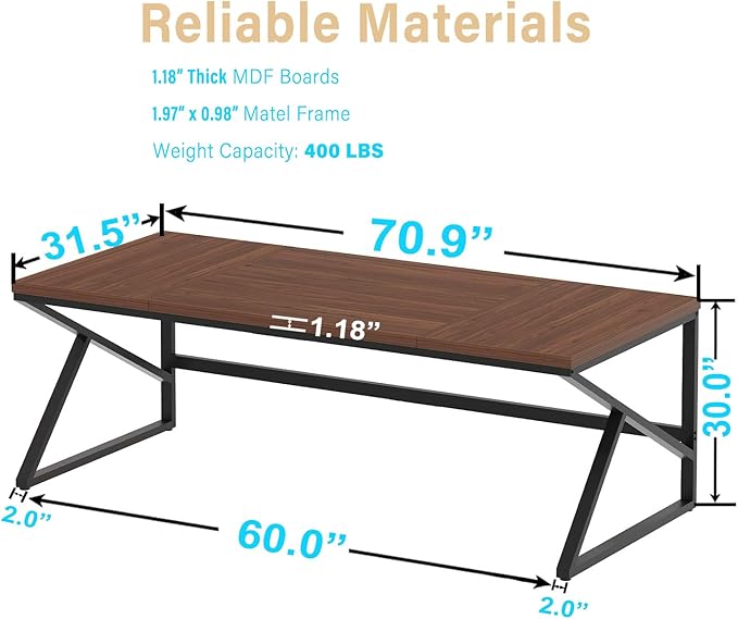HSH 70 Inch Long Walnut Desk, 2 Person Large Work Desk for Home Office, Rustic Wood and Metal Executive Writing Study Gaming Computer Table, Modern Bedroom Living Room PC Laptop Dual Monitor Table