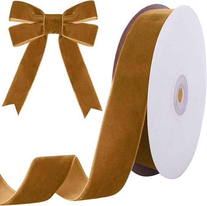 10 Yards Khaki Velvet Ribbon 1 Inch for Christmas Tree,Velvet Christmas Ribbon for Gift Wrapping Crafts Bow Wreath Holiday Decorations (Khaki)