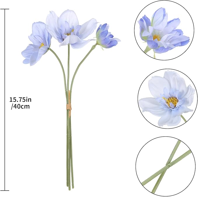 INSUNX 5 Bouquet Cosmos Artificial Flowers Light Blue Fake Daisy Flowers 15Pcs Faux Wildflowers Silk Flowers for Wedding Garden Home Party Table Centerpieces Cake Decor (Light Blue)
