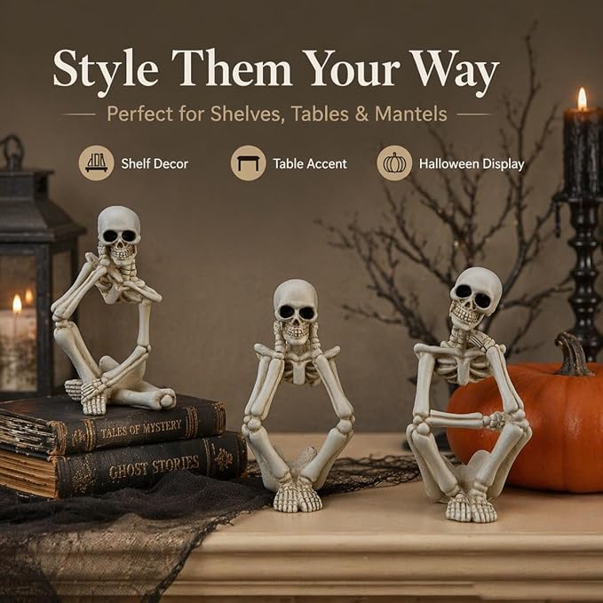 Skeleton Thinker Decor Set of 3, Resin Gothic Figurines for Home Decor, Aesthetic Skull Shelf Decor, Halloween Decorations for Home, Bookshelf & Office Accents