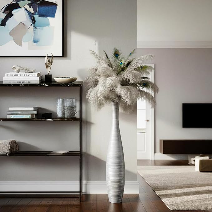 Tall Floor Vase, 27.5 inches (70cm, 2.3FT) Tall Vases Sturdy and Luxurious,Floor Vase for Country Home Decor, Living Room, Resin Silver Floor vase