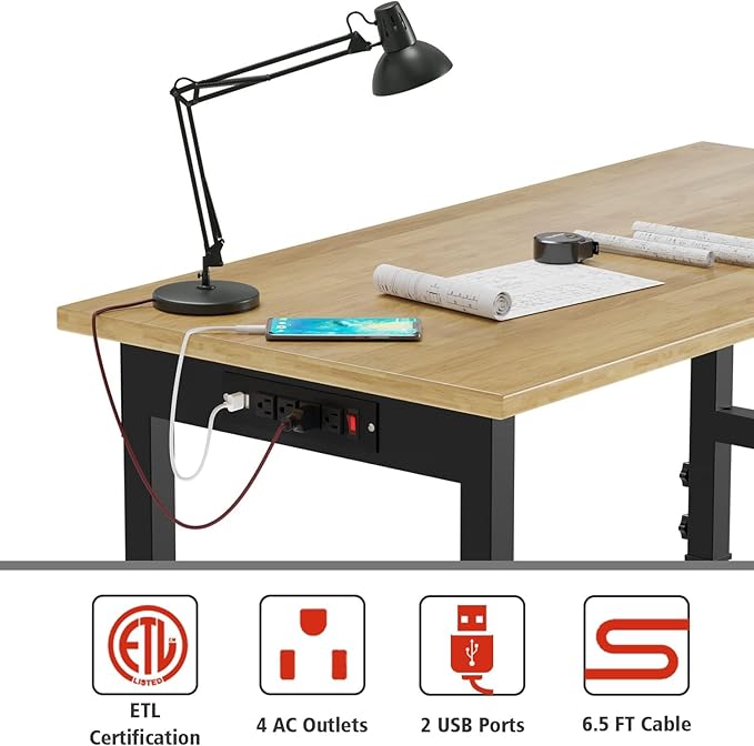 Adjustable Heavy Duty Workbench with Metal Wheels,Rubber Wood Top Working Table, 2500 LBS Load Capacity with for Workshop and Office,etc.